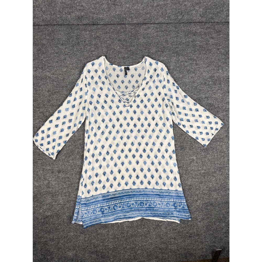 Portocruz Tunic Top Womens L Ikat Lace Up Rayon 3/4 Sleeve Blouse Coastal Resort